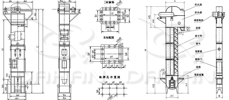 TD/D型斗式提升機(jī)基本結(jié)構(gòu):機(jī)頭蓋，機(jī)頭座，減速電機(jī)，直管，底座，緊張裝置等。
