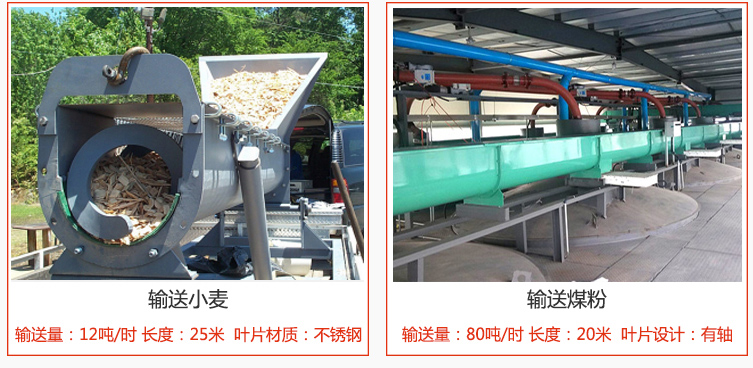 絞龍螺旋輸送機(jī)輸送小麥輸送量在12噸/時(shí)，長度為25米，葉片采用不銹鋼材質(zhì)；輸送水泥輸送量在80噸/時(shí)，長度為20米，葉片設(shè)計(jì)為有軸。