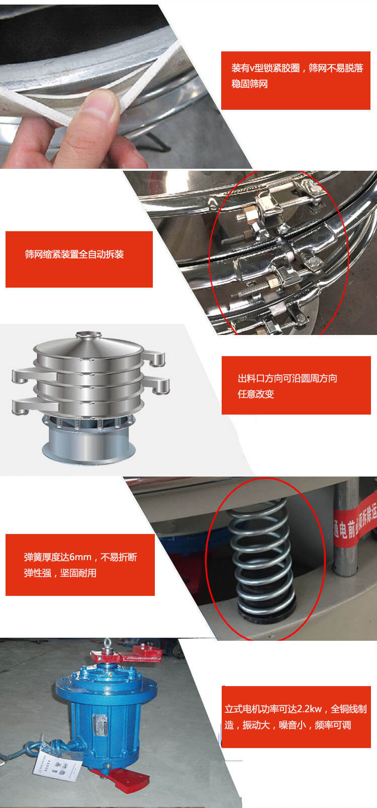 裝有V型鎖緊膠圈，使篩網(wǎng)不易脫落穩(wěn)固篩網(wǎng)，篩網(wǎng)鎖緊裝置，全自動拆裝，出料口方向可沿圓周方向任意改變。彈簧厚度達6mm，不易折斷，彈性強，堅固耐用。專業(yè)的振動電機，全銅線制造，振動大，機械噪音小，頻率可調(diào)。產(chǎn)品對比:材質(zhì)：大漢振動篩廠家采用304不銹鋼材質(zhì)耐腐蝕性，耐熱性強。個別廠家采用其它金屬材質(zhì)，耐腐蝕性，耐熱性差蒸發(fā)緩慢，烘干效率較低。大漢振動篩廠家采用金屬編織網(wǎng)，篩分精度高，效率高，篩網(wǎng)利用率高。