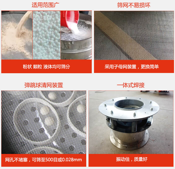 食品振動篩特點：1，效率高？：效率高，設計精巧耐用，任何粉類，粘液軍可篩分。2，操作簡單采用優(yōu)質材料，換網(wǎng)容易，操作簡單，清洗方便。3，網(wǎng)孔不堵塞粉末不飛揚，可篩至500目或0.028mm4，精細做工產(chǎn)品經(jīng)過嚴格加工程序，做工精細美觀耐用。5，獨特網(wǎng)架設計篩網(wǎng)使用時間長久，換網(wǎng)只需3-5分鐘。