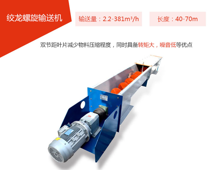 絞龍螺旋輸送機(jī)輸送量：2.2-381m3/h 長度：40-70m 雙節(jié)距葉片減少物料壓縮程度，同時(shí)具備轉(zhuǎn)矩大，噪音低等優(yōu)點(diǎn)。