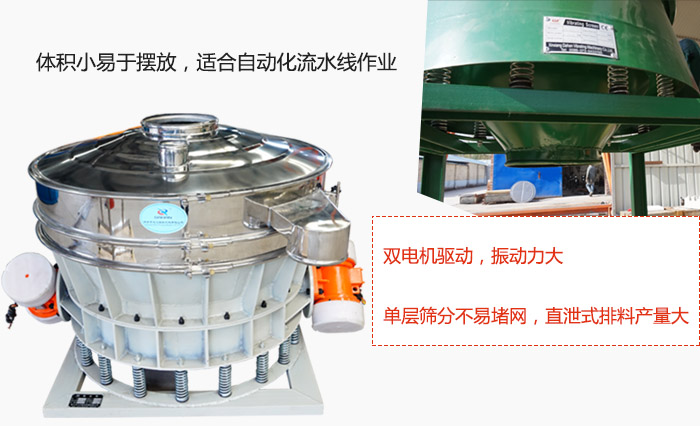 雙電機驅(qū)動，振動力大，單層篩分不易堵網(wǎng)，直泄式排料產(chǎn)量大