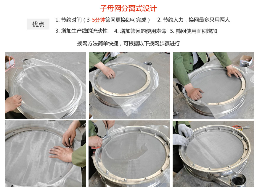 大漢振動機械換網(wǎng)優(yōu)勢：1，節(jié)省時間（3-5分鐘篩網(wǎng)更換即可完成）2，節(jié)省人力，換網(wǎng)只有兩人。3.增加生產(chǎn)線的流暢性。4.增加篩網(wǎng)壽命，彈跳球不直接撞擊子網(wǎng)。5.篩網(wǎng)使用面積增加。