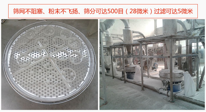 冶金粉末振動(dòng)篩篩網(wǎng)不阻塞、粉末不飛揚(yáng)、篩分可達(dá)500目（28微米）過(guò)濾可達(dá)5微米。