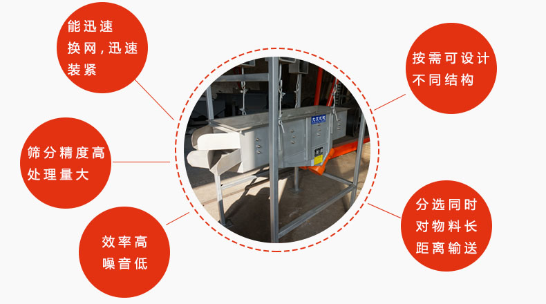 吊掛式振動篩優(yōu)勢：能迅速換網(wǎng)，迅速裝緊，篩分精度高，處理量大，效率高噪音低，分選同時(shí)對物料長距離輸送。按需可設(shè)計(jì)不同結(jié)構(gòu)。