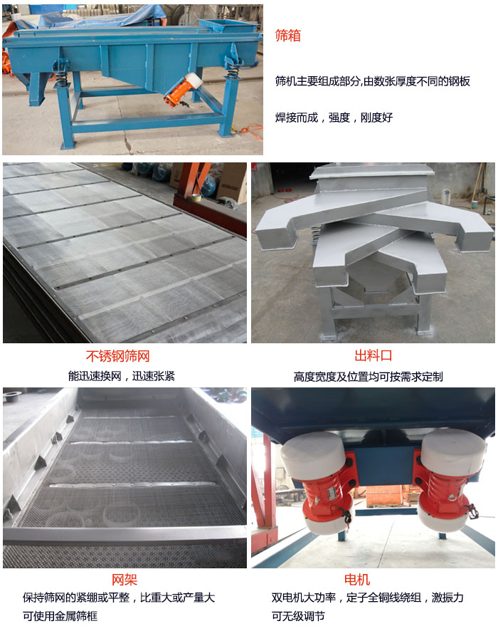 520型直線振動篩結(jié)構(gòu)：篩箱：篩機(jī)主要組成部分，由數(shù)張厚度不同的鋼板焊制而成，強(qiáng)度，剛度好。不銹鋼篩網(wǎng)：能迅速換網(wǎng)，迅速張緊。電機(jī)：雙電機(jī)大功率，定子全銅線繞組，激振力可無極調(diào)節(jié)。網(wǎng)架：保持篩網(wǎng)的緊繃和平整，比重大或產(chǎn)量大時可使用金屬篩框。出料口：高度寬度及位置均可按照用戶的要求來定制。