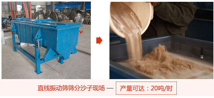 直線振動篩篩分沙子現(xiàn)場展示，產(chǎn)量高達20噸每小時。