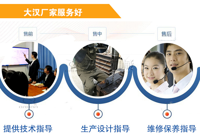 大漢廠家服務(wù)流程：售前-售中-售后：提供技術(shù)指導(dǎo)，生產(chǎn)設(shè)計(jì)指導(dǎo)，維修保養(yǎng)指導(dǎo)。