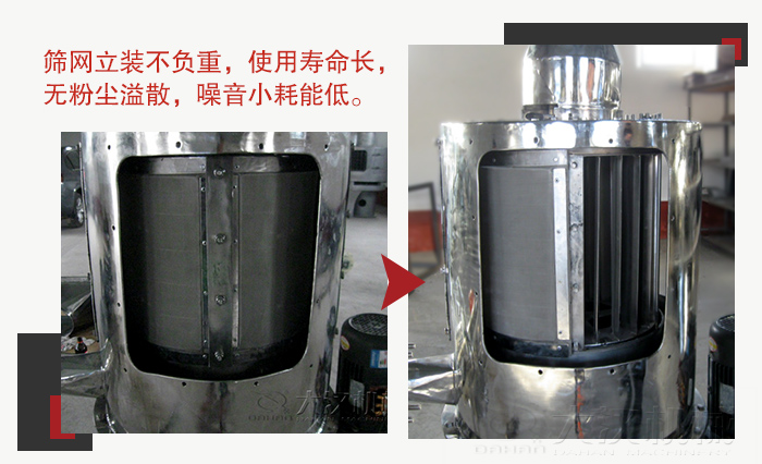 氣流篩采用立式篩網(wǎng)，不受物料的沖擊力的影響，篩網(wǎng)使用壽命長