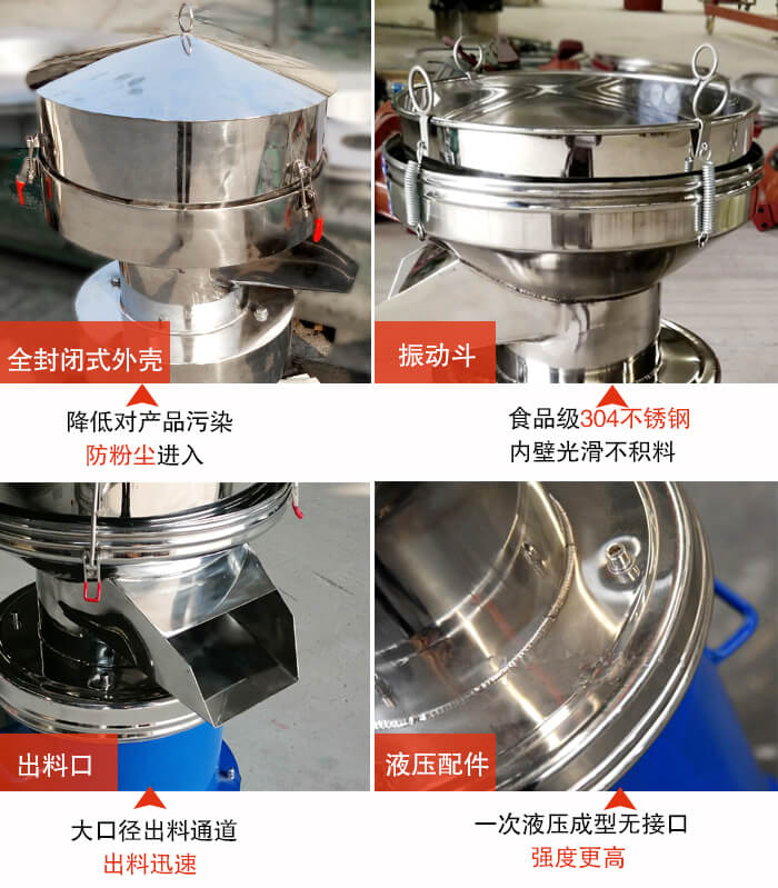 450過濾篩機(jī)結(jié)構(gòu)組成：全封閉式外殼設(shè)計：對產(chǎn)品的污染低，防塵粉進(jìn)入電機(jī)內(nèi)部延長設(shè)備壽命。振動斗：食品304不銹鋼篩斗，內(nèi)壁光滑不存在積料現(xiàn)象。出料口，大口徑出料通道，出料迅速，提高工作效率。液壓配件：一次液壓成型無接口強(qiáng)度更高。
