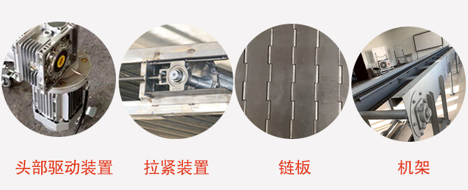 鏈板輸送機(jī)結(jié)構(gòu)：頭部驅(qū)動裝置，拉緊裝置，鏈板，機(jī)架等圖片展示