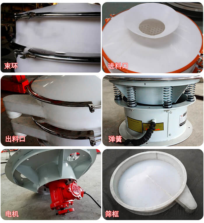 塑料防腐蝕振動篩細節(jié):進料口，框體，網(wǎng)架底框，出料口等。