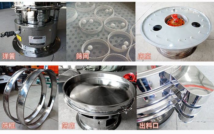 細節(jié)展示：篩框，篩網(wǎng)，振動底座，振動體，出料口。