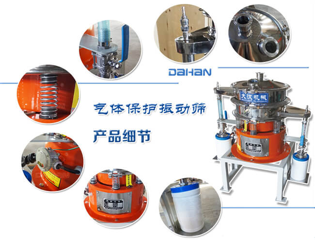 氣體保護(hù)振動篩細(xì)節(jié)：振動彈簧，手動閥門，料罐等。